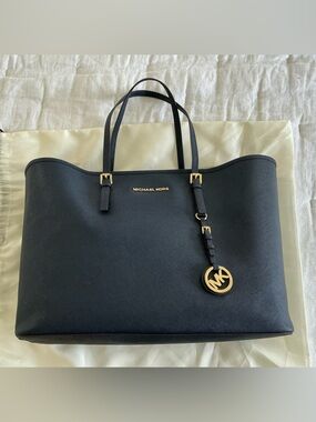 Michael Kors Navy Saffiano Leather Tote with Gold Hardware with matching wallet